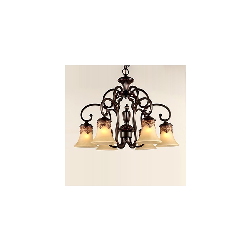 シャンデリア ペンダントライト 6灯 ランプシェード ダウン ヴィンテージ カントリー メタル+ガラス