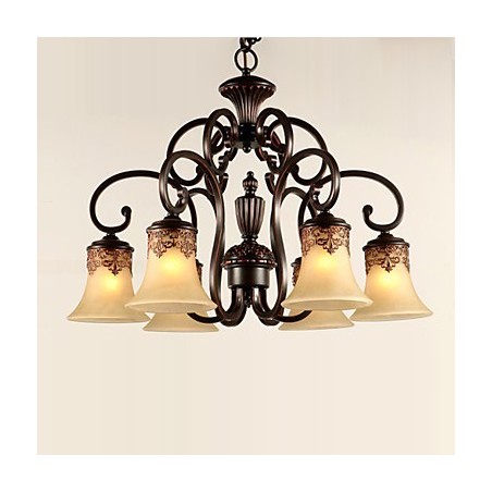 シャンデリア ペンダントライト 6灯 ランプシェード ダウン ヴィンテージ カントリー メタル+ガラス