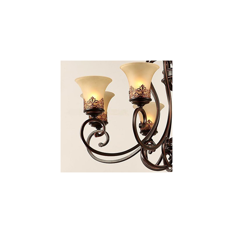 シャンデリア ペンダントライト 6灯 ランプシェード ダウン ヴィンテージ カントリー メタル+ガラス