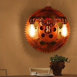 2ヘッド ヴィンテージ インダストリアル ウォールライト 木製ギア型ライト レストラン カフェ バー デコレーション ウォール スコンセ