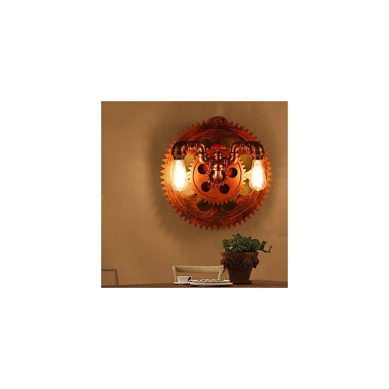 2ヘッド ヴィンテージ インダストリアル ウォールライト 木製ギア型ライト レストラン カフェ バー デコレーション ウォール スコンセ