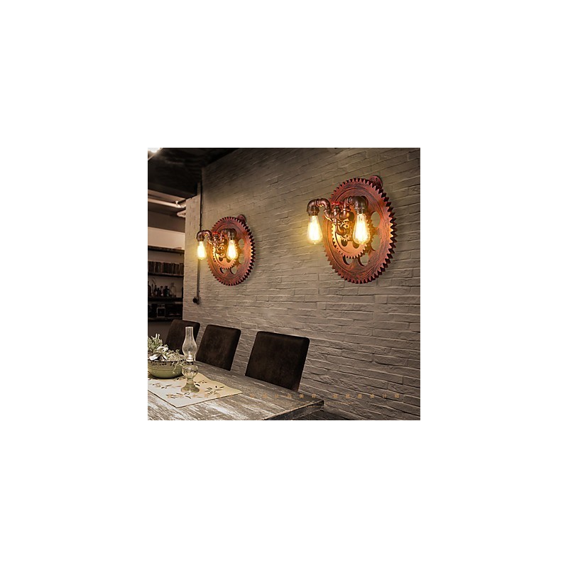 2ヘッド ヴィンテージ インダストリアル ウォールライト 木製ギア型ライト レストラン カフェ バー デコレーション ウォール スコンセ