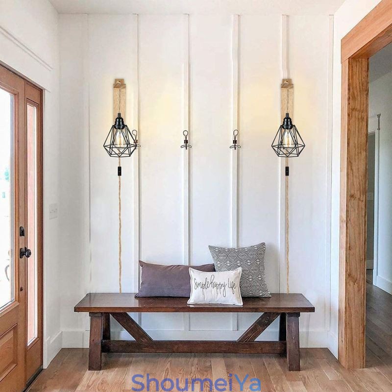 アメリカンレトロ壁取り付け用燭台 2.5M 麻ロープ吊り下げワイヤー ブラックアイアン塗装ランプシェード