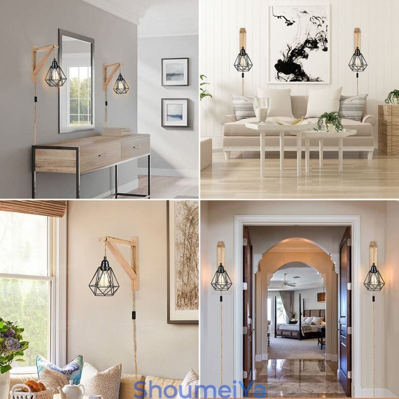 アメリカンレトロ壁取り付け用燭台 2.5M 麻ロープ吊り下げワイヤー ブラックアイアン塗装ランプシェード