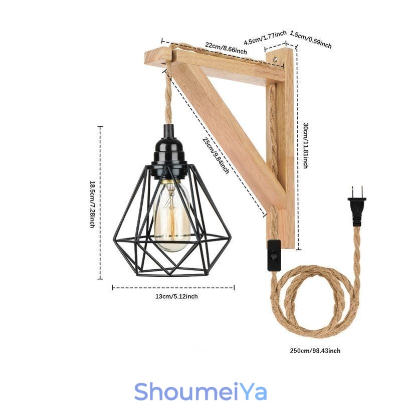 アメリカンレトロ壁取り付け用燭台 2.5M 麻ロープ吊り下げワイヤー ブラックアイアン塗装ランプシェード